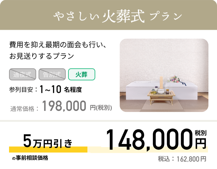 やさしい火葬式プラン 費用を抑え最期の面会も行い、お見送りするプラン 参列目安：1~10名程度 通常価格：198,000円(税抜)最大5万円引きの事前相談価格148,000円税別 税込：162,800円