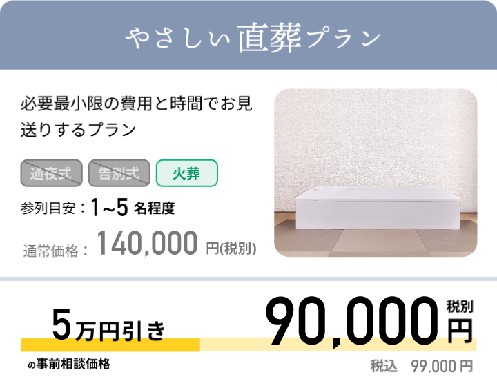 やさしい直葬プラン 必要最小限の費用と時間でお見送りするプラン 参列目安:1~5名程度 通常価格:129,000円(税抜) 最大5万円引きの事前相談価格 79,000円 税別 税込:86,900 円