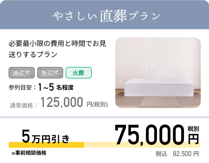やさしい直葬プラン 必要最小限の費用と時間でお見送りするプラン 参列目安:1~5名程度 通常価格:125,000円(税抜) 最大5万円引きの事前相談価格 75,000円 税別 税込:82,500 円