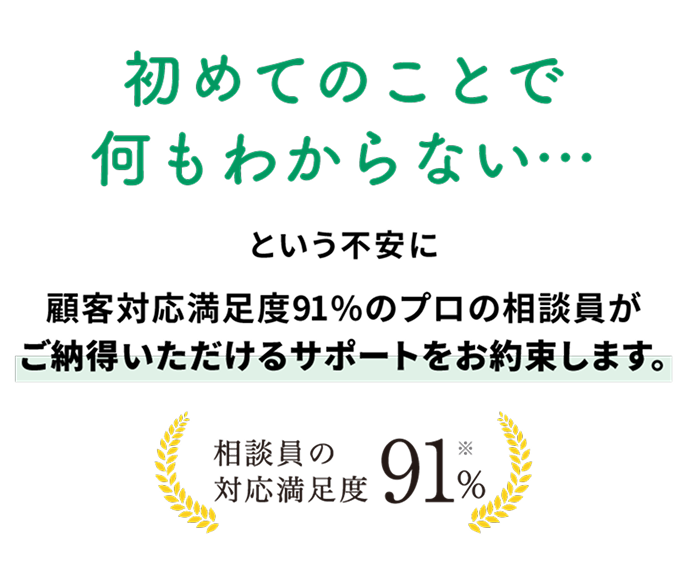 初めてのことで、何もわからない…という不安に顧客満足度91%のプロの相談員がご納得いただけるサポートをお約束します。