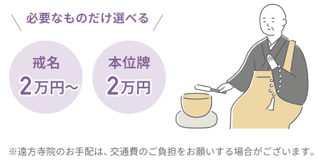 必要なものだけ選べる 戒名2万円〜 本位牌2万円 ※遠方寺院のお手配は、交通費のご負担をお願いする場合がございます。