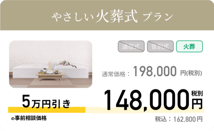 やさしい火葬式プラン 通常価格：210,000円 税別　事前相談価格160,000円税別 税込：176,000円